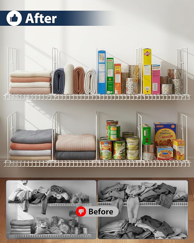 10 Pack Wire Shelf Dividers for Closet, Solid Coated Metal Closet Dividers for Closet Organization, Easy Install Closet Shelf Divider for 12'' Tall x 12'' Deep Wire Shelves and Storage, White