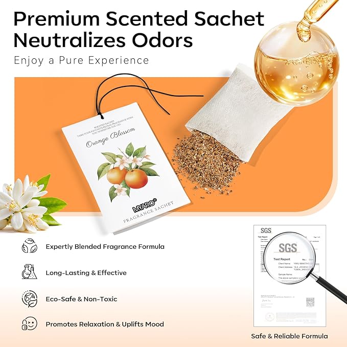 MYARO 12 Packs Orange Scent Sachets for Closet Dresser Drawer Bathroom Odor Deodorizer Car Air Frehener Fresh Home Fragrance