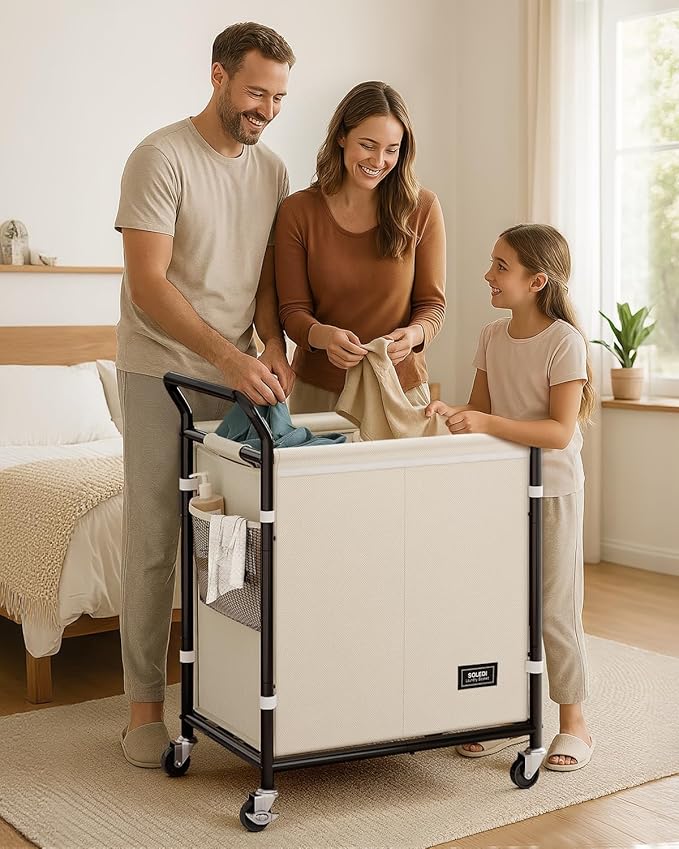 SOLEDI Laundry Basket with Wheels,38 Gallons(145L) Laundry Hamper 2 Section,Sturdy Metal Frame with Handle,Laundry Cart,Rolling Laundry Basket for Bedroom Aesthetic,Easy to Assemble,Ivory