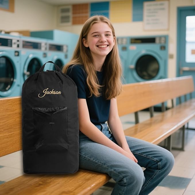 Personalized Name Laundry Backpack Custom Laundry Bag College Dorm Room Essentials for Girls Guys Dirty Clothes Travel Laundry Bags with Embroidery Name 21.73" Wx28.74 H