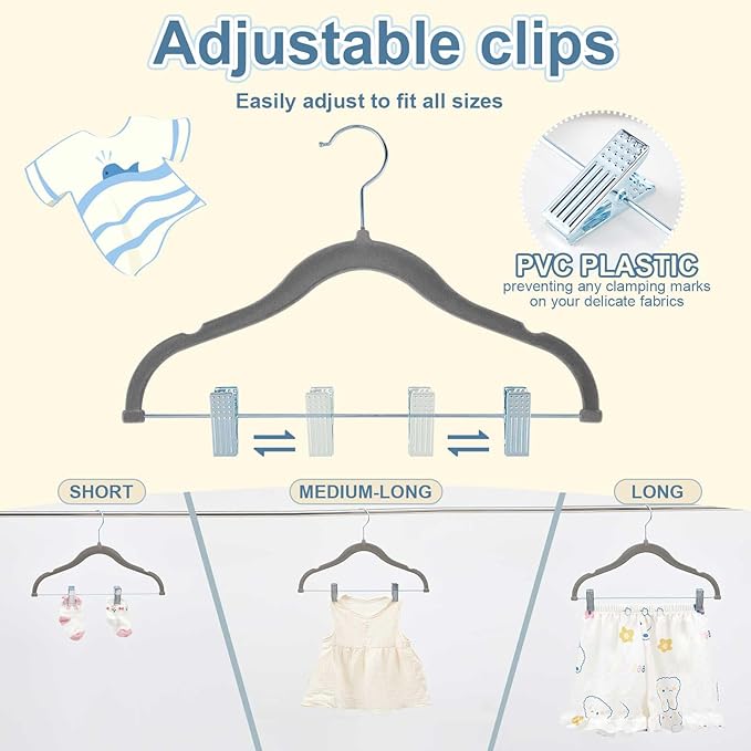 Vesici 14 Inch Extra Large Kids Velvet Hangers with Movable Clips 15 Pack, Non Slip Felt Clothes Hangers for Kids and Preteens, Heavy Duty and Space Saving for Pants, Skirts, Coat, Gray