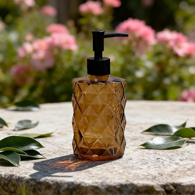 Brown Soap Dispenser, 12oz Black Pump Green Glass Soap Dispenser, Refillable Hand Liquid Dispenser Set, Lotion Dish Dispenser for Modern Home Decor, Bathroom, Kitchen Countertop(2 Pack)