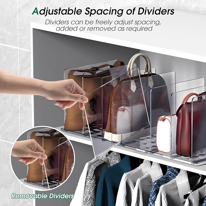 Purse Organizer for Closet，2-Pack 8 Clear Adjustable Acrylic Shelf Dividers for Closet Organization，Handbag Storage Organizer, Purse Separators Holder for Home Kitchen, Office