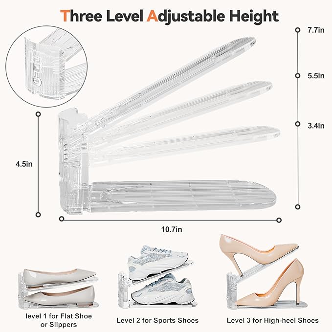 Neprock Shoe Slots Organizer for Closet, 20 Pack Acrylic Shoe Stackers Shoe Rack Holder, 3 Levels Adjustable Thickening Shoe Display Shoe Storage 50% Space Saving Zapateras Organizer (Clear,20 Pack)