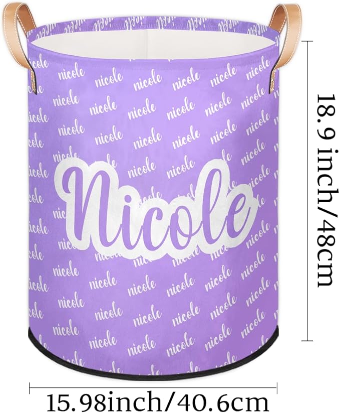 Custom Name Purple Laundry-Hamper, Personalized Kids-Clothes-Hamper Foldable with Name, Customized Storage Basket with Handles Waterproof Gift for Boys Girls Baby Women