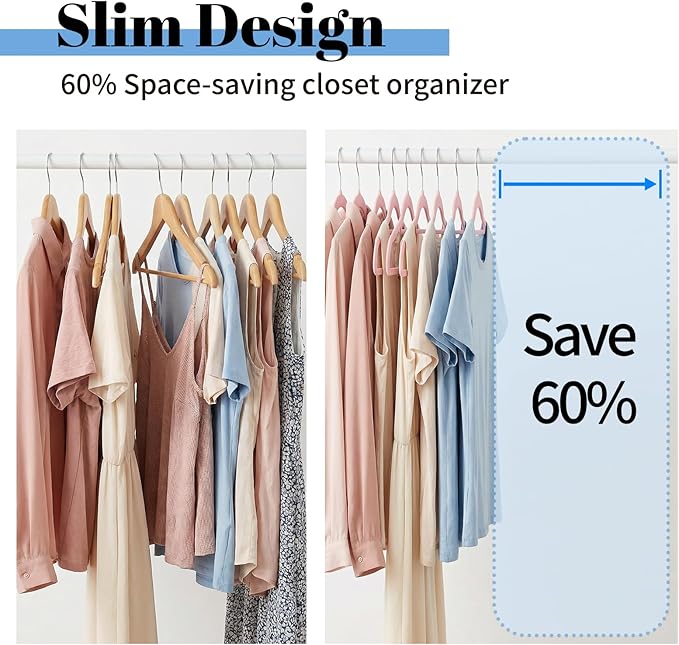 Smartor Pink Velvet Hangers 60 Pack, Space Saving Clothes Hangers with Tie Bar, Non-Slip Felt Hangers with Shoulder Notches, Heavy Duty Suit Hangers for Coat, Shirt, Pants, Dress