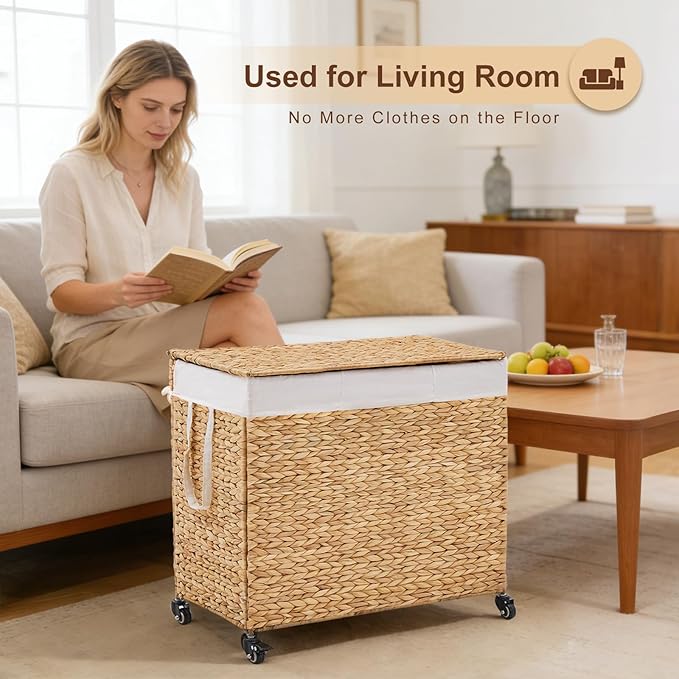 3-Section Laundry Hamper with Lid, Large Capacity Woven Natural Water Hyacinth Laundry Sorter with Removable Liners, Rolling or Non-Slip Design for Bedroom (Natural, 155L)
