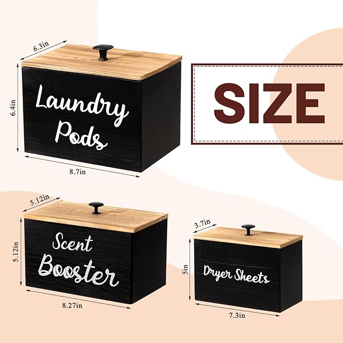 Dandat 3 Pcs Dryer Sheet Holder Laundry Pod Holder Scent Booster Container Set with Scoop Rustic Wood Dryer Sheet Container Laundry Beads Dispenser for Storage(Black)