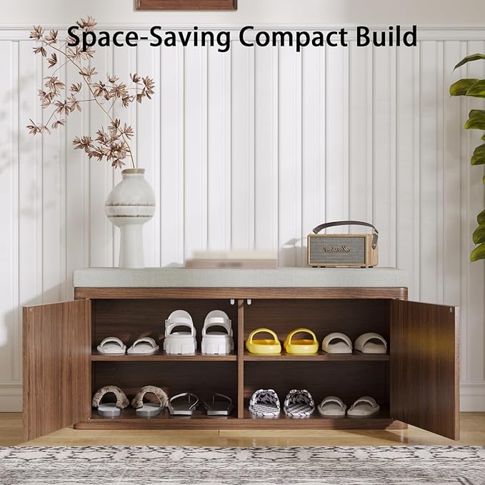 Double Layered Shoe Cabinet with Bench,Wooden Shoe Bench with Soft Cushion,Double Door without Handle Pressing Spring,Fluted Panel,Suitable for Entrance,Corridor and Living Room (Shoe Bench-Walnut)