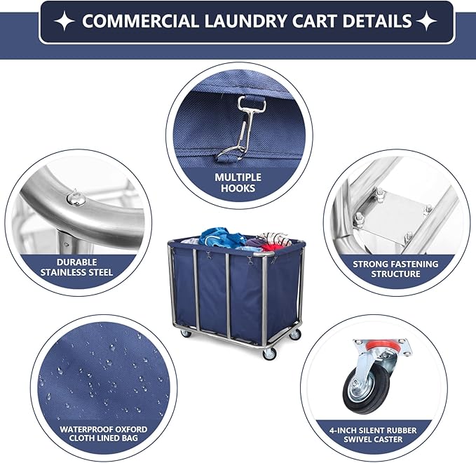 Commercial Laundry Cart with Wheels - Industrial Grade, Heavy Duty, Large Laundromat Cart 440-pound Weight Capacity, 400L Volume