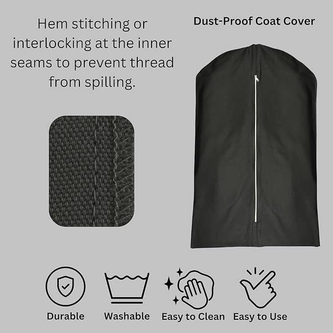 Premium 100% Cotton Garment Bags – 40" Black Canvas Suit Cover with YKK Zipper – Breathable, Dust-Proof Storage for Suits, Coats, Dresses, Jackets & Travel/Closet Use