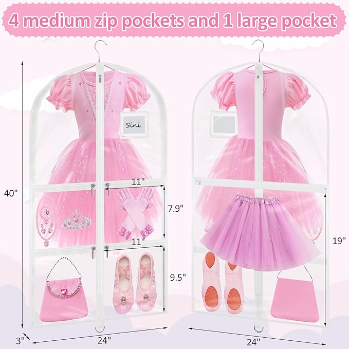 Garment Bags for Dance Costumes - 40 Inch Clear PVC with 5 Zipper Pockets (3 Pack, White) - Kids Dance Garment Bag for Dancers, Hanging Clothes Storage, Competitions & Travel (‎Clear White)