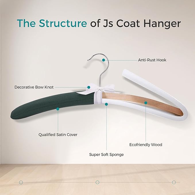 JS HANGER Padded Hangers - 17 Inch Extra Large Heavy Duty Canvas Covered Coat Hangers No Shoulder Bump for Women Clothes, Sweaters, Dresses, Clothing, Weddings, Lingerie Pack of 10, Dark Green