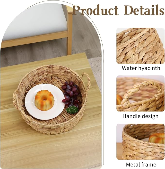 Round Water Hyacinth Storage Baskets for Organizing Round Wicker Basket with Double Handles-Wicker Baskets for Shelves
