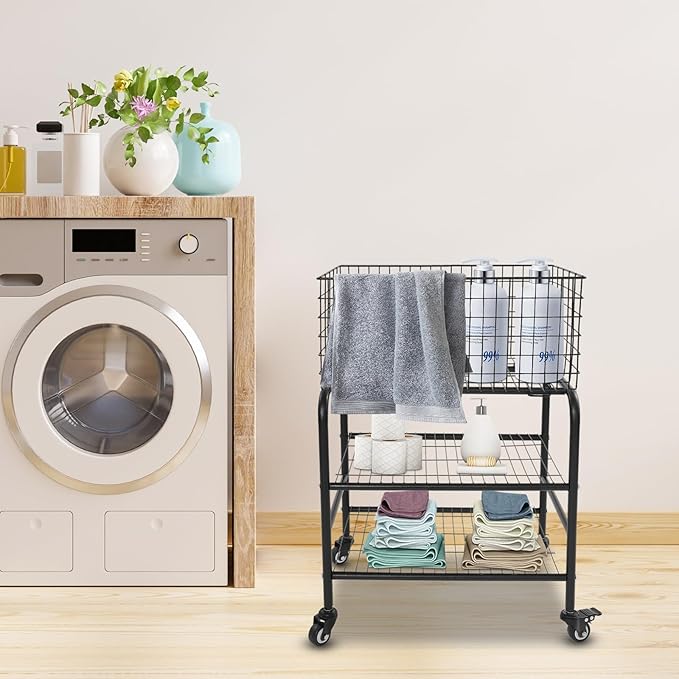 Wire Rolling Laundry Baskets with Wheels, 3 Tier Garment Storage Cart, Commercial Wire Laundry Cart, 66lbs Load Capacity, Garment Metal Rack for Clothes Wash and Dry Sort (Black)
