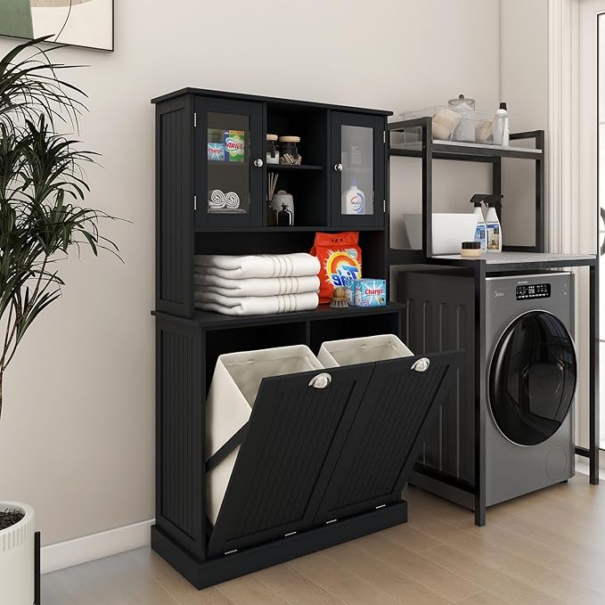 Tall Tilt Out Laundry Hamper Cabinet with 2 Removable Baskets, Laundry Room Cabinets and Storage Furniture with Hidden Laundry Hamper & Glass Doors for Bathroom, Laundry Room, Black