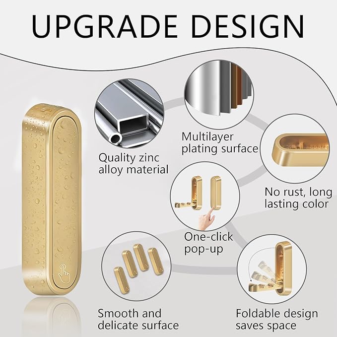 2PCS Foldable Gold Wall Hooks, Heavy Duty Zinc Alloy Folding Wall Hooks,Folding Coat Hooks, Flip Down Hook for Hanging Coats, Bags, Hats, Cooking Utensil, Bathrobes, Keys (Gold)