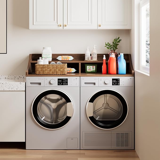 2-Tier Washer Dryer Topper, 54" x 27.6" Washer Dryer Countertop with Non-Slip Mat, Laundry Room Organizer with Storage Shelf for Folding & Sorting Clothes, Walnut
