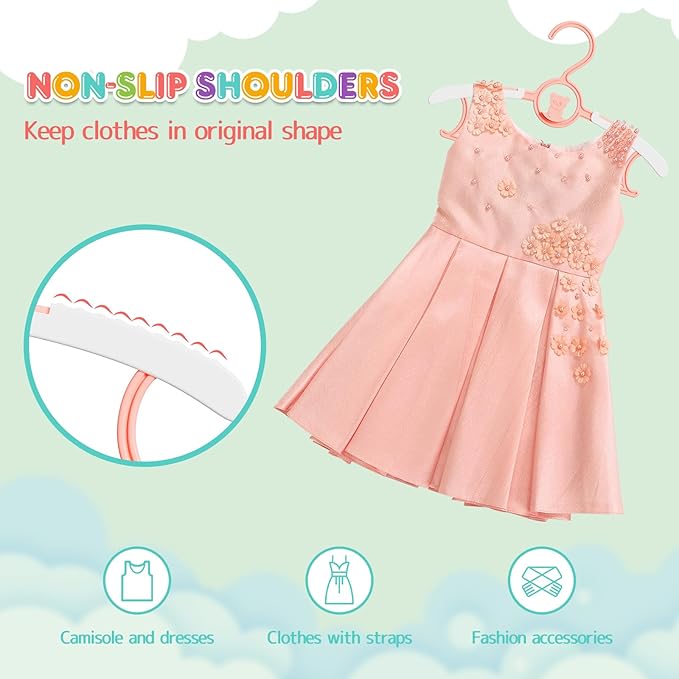 Baby Hangers, 11-14 Inch Extendable Kid Hangers - 60 Pack, Non-Slip, Stackable, Space Saving, Pink