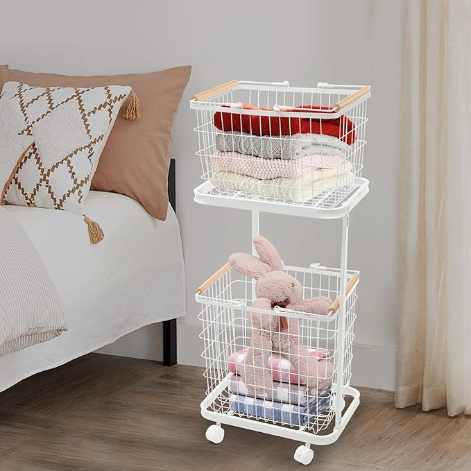 2 Tiers Metal Laundry Basket with Wheels, Removable Wire Laundry Baskets With 4 Universal Wheels Rolling Laundry Basket Floor Standing, Load Bearing Capacity of 88.18 lbs