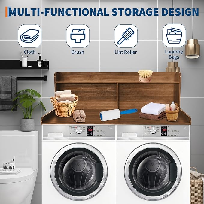 2-Tier Washer Dryer Countertop, 54" W x 27.55" D Laundry Countertop Organization with Non-Slip Pad, Wooden Washer and Dryer Topper for Folding Clothes, Laundry Room Storage