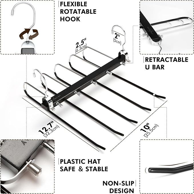 HOUSE DAY Pants Hangers Space Saving, Wood Jean Hangers for Closet, Non Slip Multi Functional Pants Rack Hanger Multiuse Pant Organizer for Closet Space Saving Hangers for Pants (4PACK, Black)
