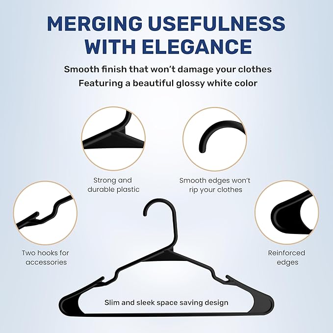 YSSOA 30 Pack Plastic Hangers, Space Saving Slim Clothes Hangers with Non-Slip Shoulder Notches, for Coats, Sweater, Shirts, Pants, Black