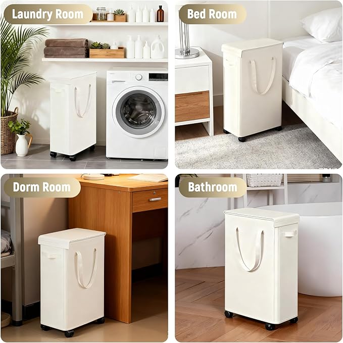 Slim Laundry Hamper with Lid and Wheels, Small Rolling Laundry Basket with Handle for Small Spaces, Tall Dirty Clothes Hampers for Dorm, Bathroom and Bedroom, 85L, Beige