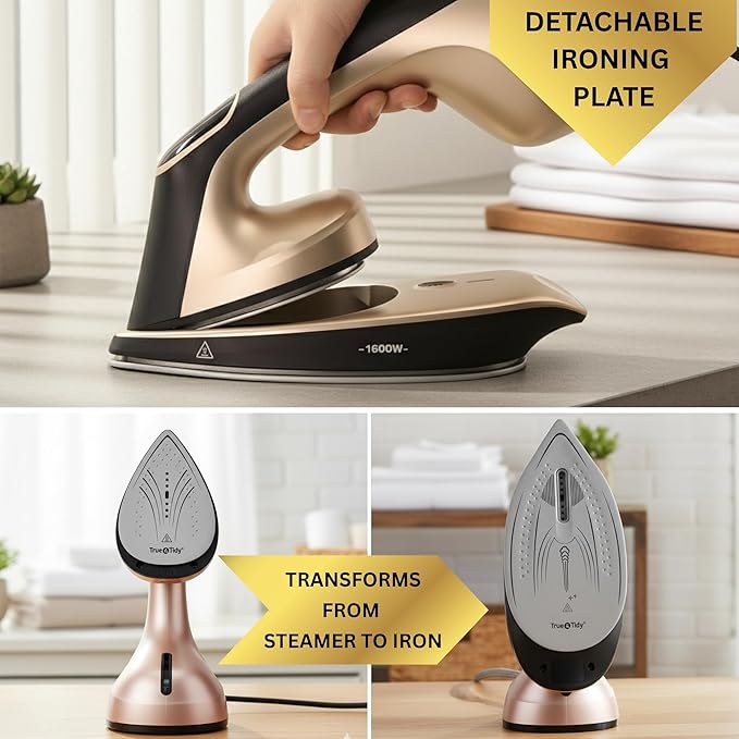True & Tidy 2-in-1 Iron and Handheld Steamer, 1600W Dual Heating System with Ceramic-Coated Plate, LCD Display, No-Drip Technology, 3 Fabric Modes, Portable Garment Steamer for Home & Travel