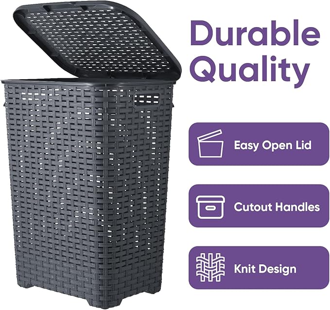 Plastic Laundry Hamper with Lid 3 Pack Laundry Hamper Basket, Grey Tall Cloths Hamper Organizer with Cut-out Handles. Space Saving for Laundry Room Bedroom Bathroom, Wicker Design 60 Liter