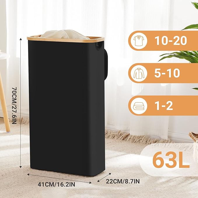 Fiona's magic Slim Laundry Hamper with Lid, 63L Narrow Laundry Basket with Removable Bag, Black Collapsible Dirty Clothes Basket, Thin Tall Storage Basket for Bathroom, Bedroom
