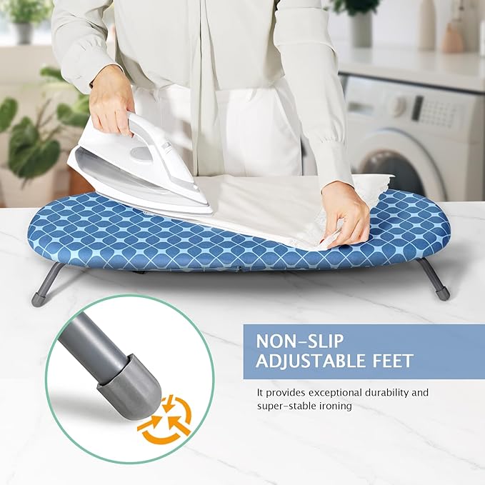 SheeChung Tabletop Ironing Board 12"x32",Small Ironing Boards with Removable Cotton Cover and Pad,Portable Folding Non-Slip Feet for Home Laundry Rooms,Blue Square