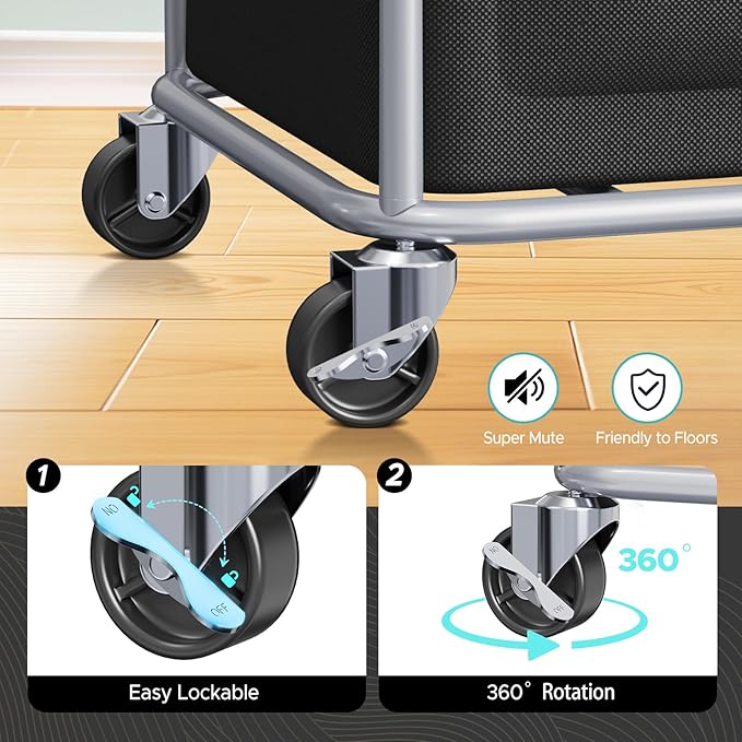 JYPS Laundry Basket With Wheels, 150L Large Rolling Hamper W/Metal Frame & Removable Bag, Waterproof Oxford Fabric, 2 Side Bags, Dirty Clothes Storage Cart For Laundry Room, Dorm, Bedroom