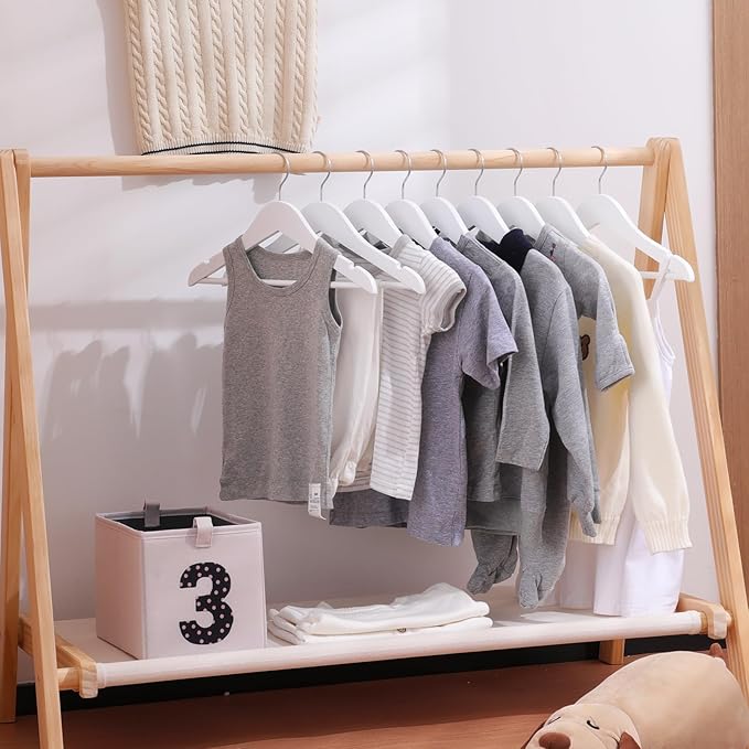 Kids Wooden Hangers 20 Pack, White Wooden Baby Hangers with Smooth Finish, Solid Wood Children Hanger for Clothes with Precisely-Cut Notches, Swivel Hook Baby Clothes Hanger for Closet