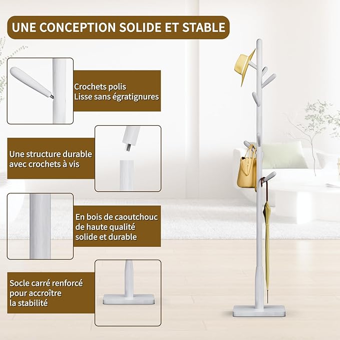 Solid Wood Square Base Coat Rack, Free Standing Hall Coat Tree with 8 Hooks（+2 spare for Coats, Hats, Bags, Purses, for Entryway, Hallway, Rubberwood Hooks,Base and Pole,(Square Base, White)