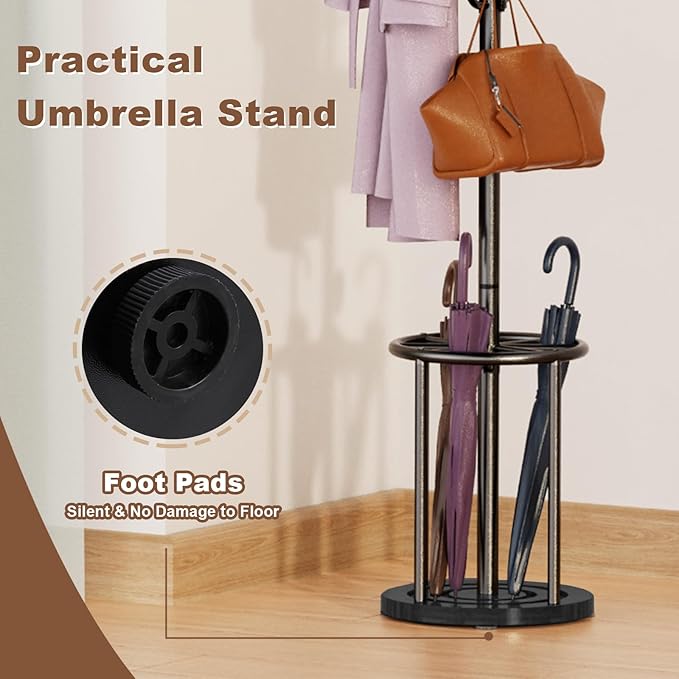 Coat Rack Freestanding, Coat Rack Stand with Umbrella Holder, Coat Tree, Coat Hanger Stand with 12 Hooks for Clothes Bag Hats, Hat Rack Hall Tree Coat Hanger Umbrella Stand for Entryway