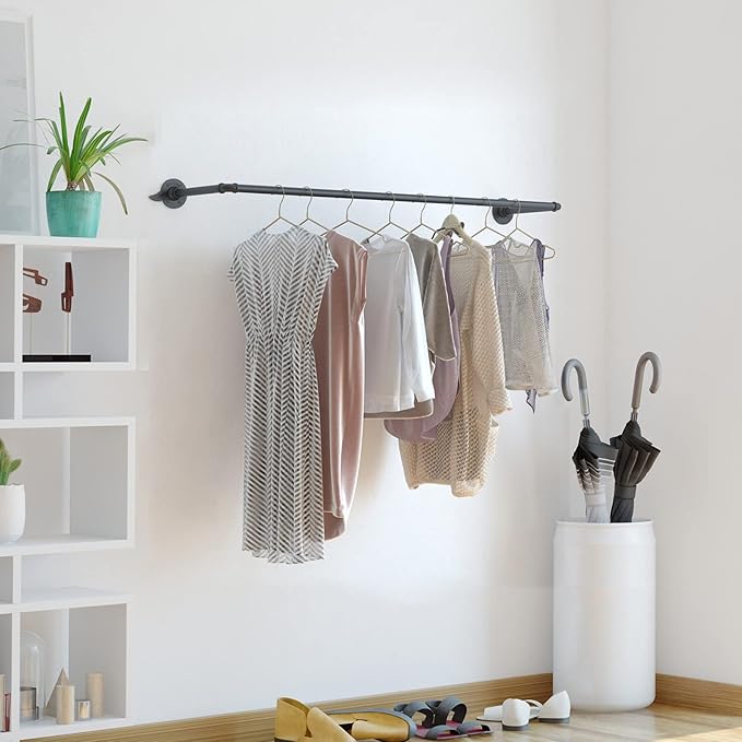 Industrial Pipe Clothing Rack, Wall Ceiling Mounted Clothes Garment Rack 40'', Black Iron Pipe Clothes Hanging Bar, Heavy Duty Metal Hanging Rod for Retail Display Closet Storage and Laundry