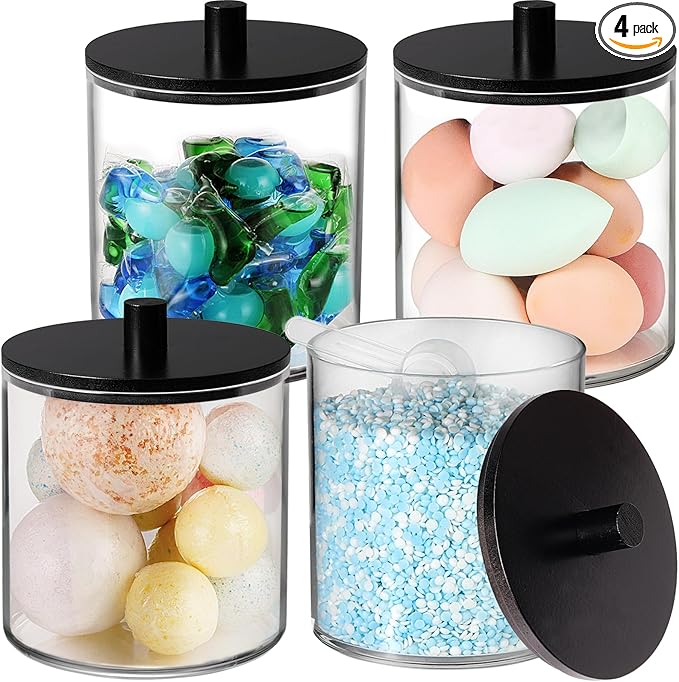 SheeChung 4 Pack 50oz Matte Black Bamboo Lid Apothecary Jar, Modern Laundry Pods Container, Industrial Organization & Storage Jar, Shatterproof Plastic Canister for Scent Beads with Stickers & Spoon