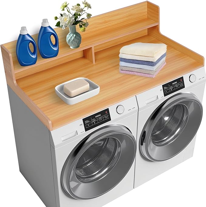 2-Tier Washer and Dryer Countertop, Wooden Washer Dryer Countertop, 27.5" Depth X 54" Laundry Countertop Over Washer and Dryer for Folding Clothes Over Washer and Dryer (Light Walnut)