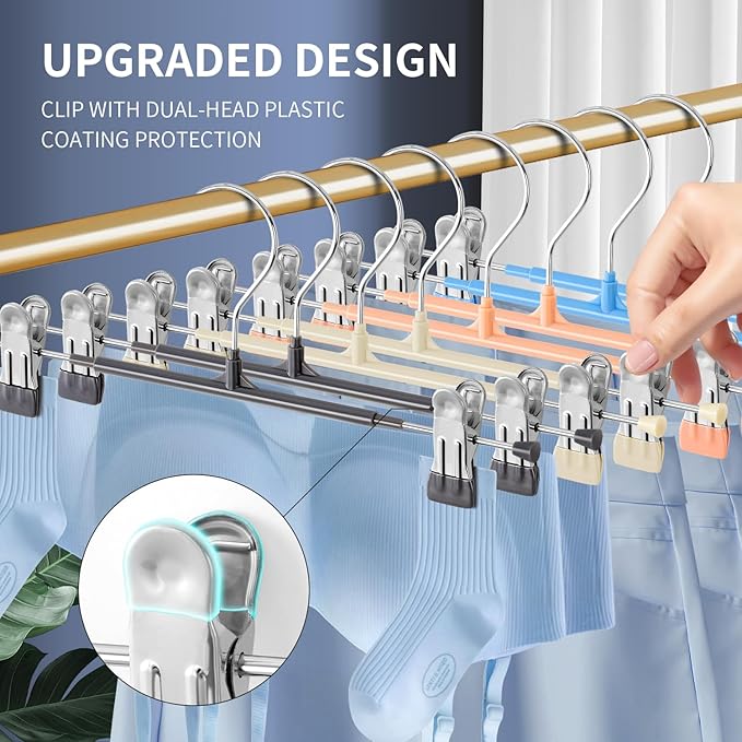 10PACK 14Inch Pants Hangers with Clips Adjustable Skirt Hangers for Women Metal Non-Slip Trousers Hanger Heavy Duty Space Saving Clothes Hanger for Shorts,Jeans,Gray