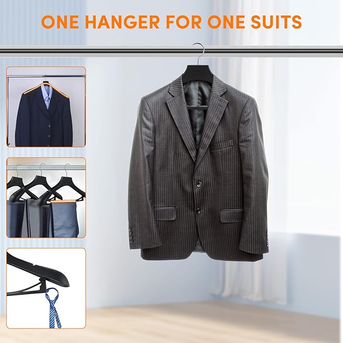 DEDU Suit Hangers for Men 100 Pack, Black Coat Hangers Extra Wide Non Slip Width 17.7", Thick Plastic with Pants Bar & Metal Hook