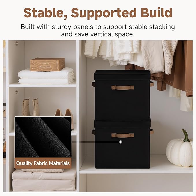 StorageWorks Fabric Storage Bins with Lid, Decorative Storage Boxes for Shelves, Stackable Closet Organizer Basket with Handles, Large, Black, 2-Pack