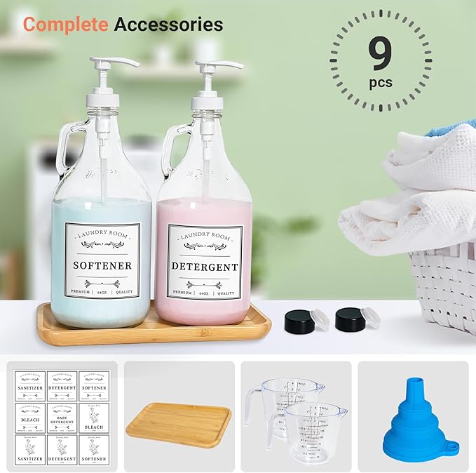 Glass Laundry Detergent Dispenser, Liquid Laundry Soap Dispenser for Laundry Room, 64oz Detergent Bleach Softener Dispenser for Farmhouse Decor, Includes Pumps, Funnel, Labels and Bamboo Tray