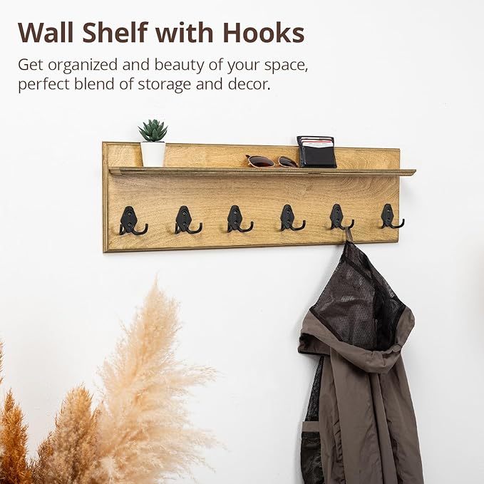 Rustic Wall Mounted Coat Rack with Shelf Wooden Entryway Organizer with 5 Metal Hooks for Coats Hats Towels Keys Floating Storage Shelf for Bathroom Bedroom (Jade, 40 inch (7 Hooks))