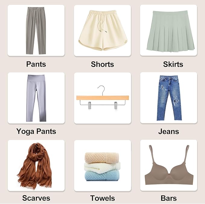 TOPIA HANGER Lotus Wood Pants Hangers, Natural Wooden Skirt Short Jeans Trouser Hanger with Smooth Surface 360° Swivel Hook Anti Rust 2 Adjustable Clips, 10 Pack, CT10PY