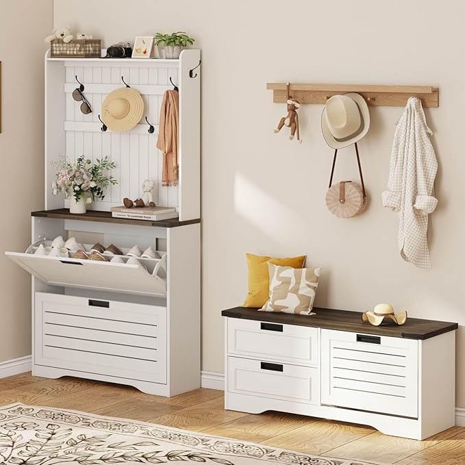 FATORRI Shoe Storage Bench with Flip Drawer, Wooden Entryway Bench, Modern Shoe Cabinet with Removable Drawers for Hallway, Living Room (Walnut Brown & White Oak)