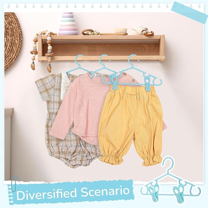 Hsei 5/10/40 Pack Baby Hangers with 10/20/80 Clips, Plastic Kids Pants Hangers for Nursery Closet Top and Bottom Clothes Hanger Set for Newborn Infant Toddler(120 Packs Total,Sky Blue,10.6 Inch)