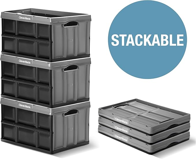 CleverMade Collapsible Storage Bins - Tan 3 Pack 62L - Stackable Containers Heavy Duty Capacity Folding Crates - Space-Saving for Home