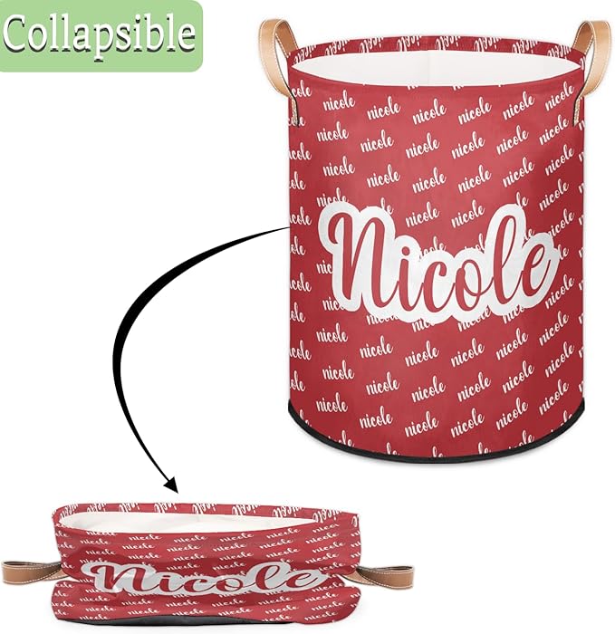 Custom Name Red Laundry-Hamper, Personalized Kids-Clothes-Hamper Foldable with Name, Customized Storage Basket with Handles Waterproof Gift for Boys Girls Baby Women
