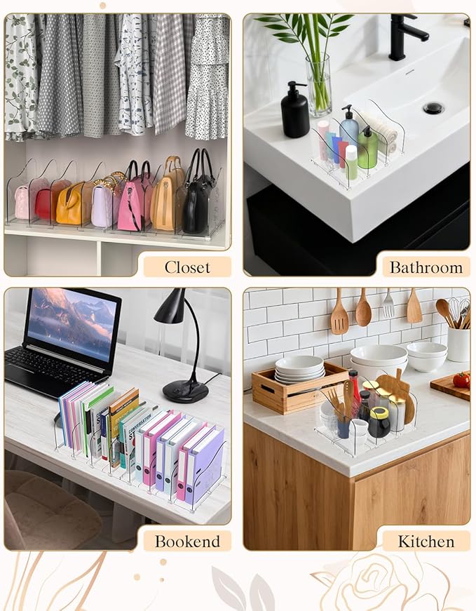 Rose Purse Dividers for Closet, 2 Pack Clear Clutch Purse Closet Organizers, Adjustable Handbag Storage Organizers, Plastic Bookshelf Separator Dividers for Bedroom Office